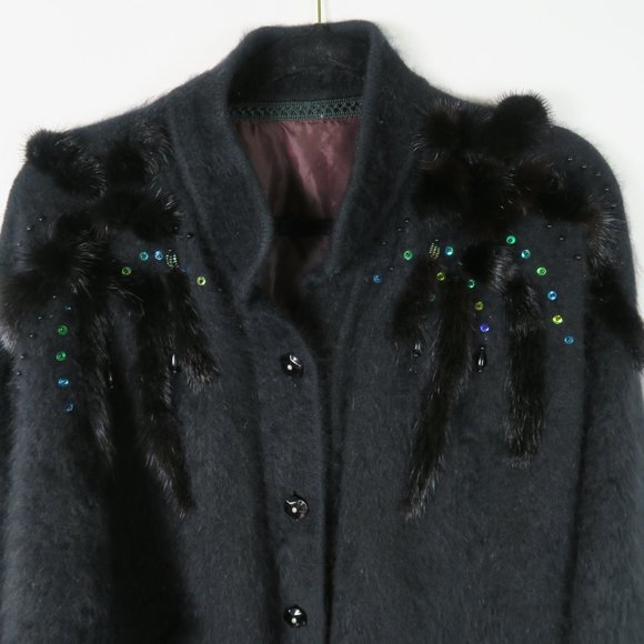 Vintage Black Fuzzy Button Up Cardigan M/L Japanese Sequin Fur Bead Embellished - Picture 3 of 10